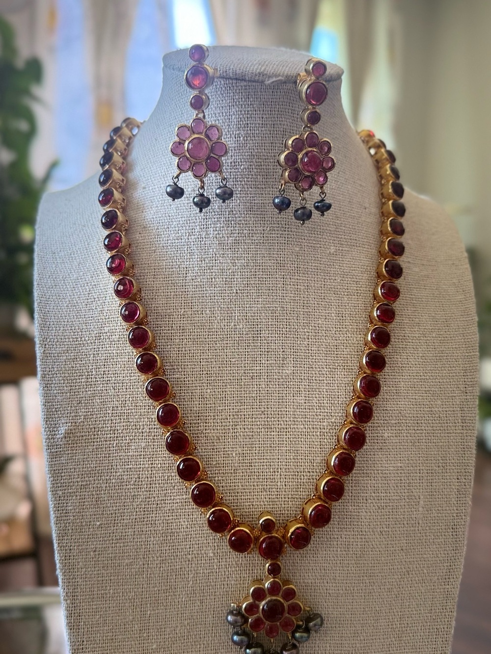 Gold-Tone Red Stone Floral Necklace and Earring Set